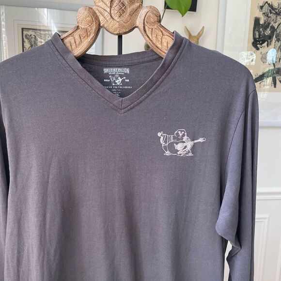 True Religion Grey Slim Fit Buddy Logo Vneck Long Sleeve Tshirt 2XL - Picture 2 of 6
